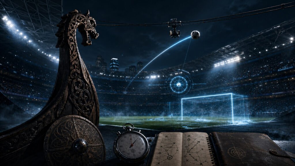 En utskåret vikingskip-baug og et skjold ligger ved siden av en stoppeklokke og en åpen taktikkbok, med utsikt over en stadionbane hvor en fotball flyr mot et digitalt konturert mål sporet av en siktesirkel og et kamerarigg.