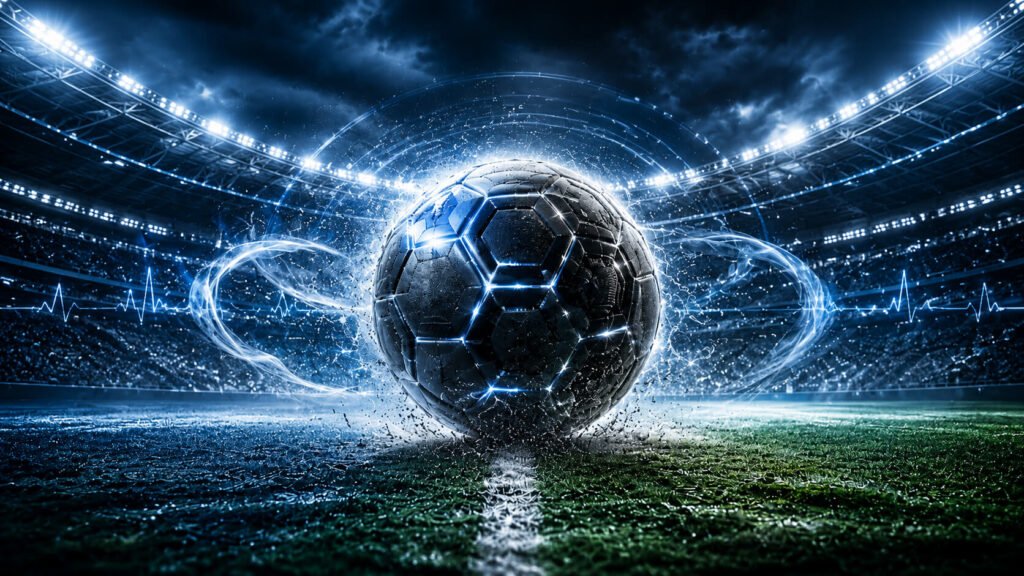 En metallisk, krombelagt fotball dominerer forgrunnen, sprakende med striper av elektrisk blå energi som bueformer seg rundt overflaten, og symboliserer rå kraft, utholdenhet og styrke. Bildet illustrerer en diskusjon om Erling Haaland fortsatt har utholdenheten til å prestere jevnt gjennom hele VM, og om kampen mot Elfenbenskysten viste tidlige tegn til at han slet med å holde tempoet.