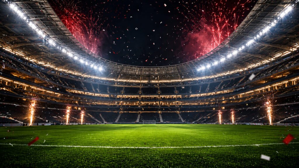 En jublende feiring en kveld inne på et flomlyst stadion, som markerer en VM-seier: konfetti og serpentiner strømmer gjennom luften, fyrverkeri smeller i lyse skurer over hodet, og folkemengden synger i kor, og fanger eufori i øyeblikket. Bildet illustrerer et blikk på en revidert, hypotetisk rute for Norge til å vinne VM på dette stadiet av turneringen.