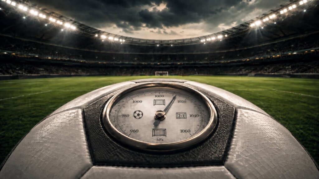 Et nærbilde av toppen av en fotball, med en innebygd barometer på overflaten med et temperaturmåler og fotballrelaterte symboler, som om den måler presset i selve kampen. Ballen befinner seg inne på et flomlyst stadion under en overskyet himmel. Mens mye oppmerksomhet har vært rettet mot Erling Haalands prestasjoner i VM, illustrerer bildet et blikk på Martin Ødegaards form og om den vil påvirke Norges videre gang i turneringen.