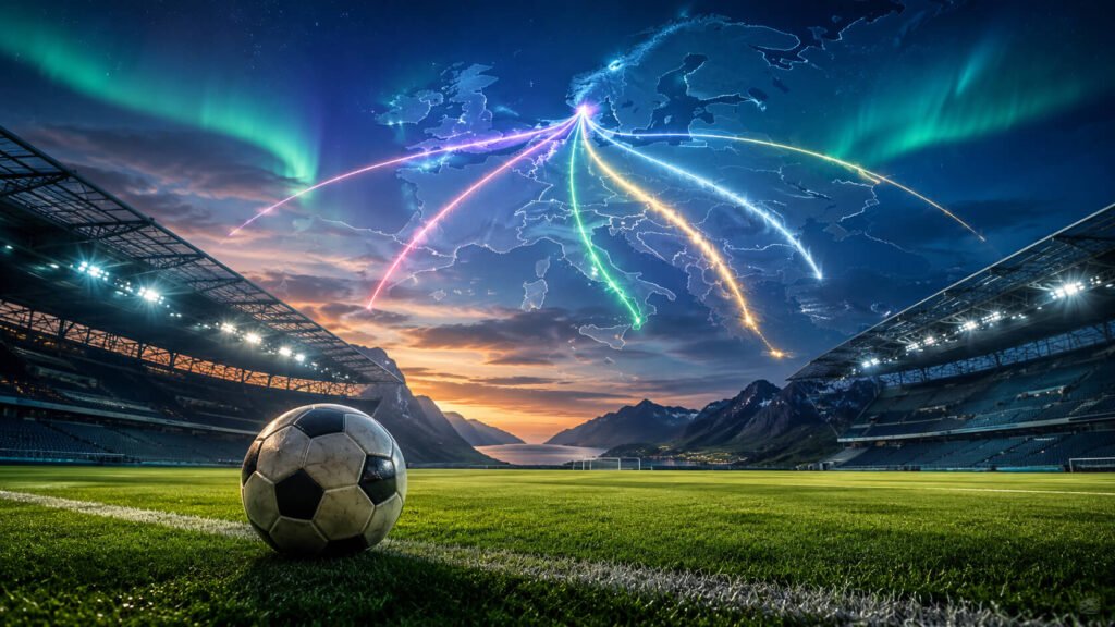 En fotball ligger på banen inne på et flomlyst stadion om kvelden, mens et fargerikt nordlys fyller nattehimmelen over det — dannet av et gjennomsiktig kart over Europa flettet sammen med skimrende, fargede lysstriper. Bildet illustrerer en diskusjon om hvem som har best sjanse til å vinne cupen etter VM og gjenopptakelsen av Eliteserien.