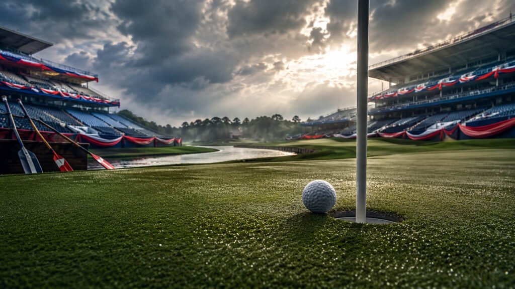Et nærbilde av en golfball som ligger like ved hullet, med den omkringliggende banen flankert av store tilskuertribuner og en liten bekk som slynger seg gjennom fairwayen. Bildet illustrerer et nærmere blikk på norske profesjonelle golfspillere og hvordan deres suksess bidrar til å øke sportens betydning i Norge.