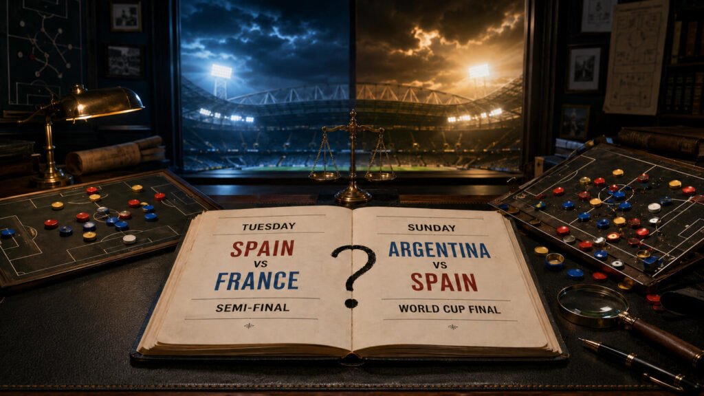 En åpen bok på et skrivebord viser to kampsider — 'Spania mot Frankrike, semifinale' og 'Argentina mot Spania, VM-finale' — flankert av taktikktavler med fargede brikker, en vekt, og en stadionutsikt delt mellom natt- og skumringsbelysning.