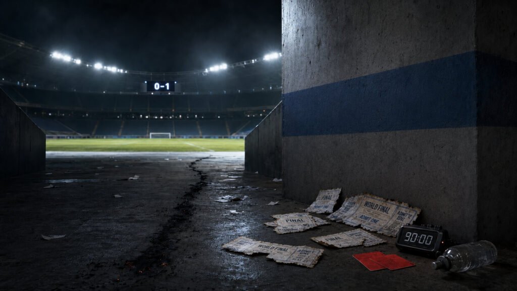 En svakt opplyst stadiontunnel viser spredte, brente VM-finale-billetter, røde kort, en digital klokke som viser 90:00, og en tom vannflaske på gulvet, med en tom bane og en 0-1-resultattavle synlig i bakgrunnen.