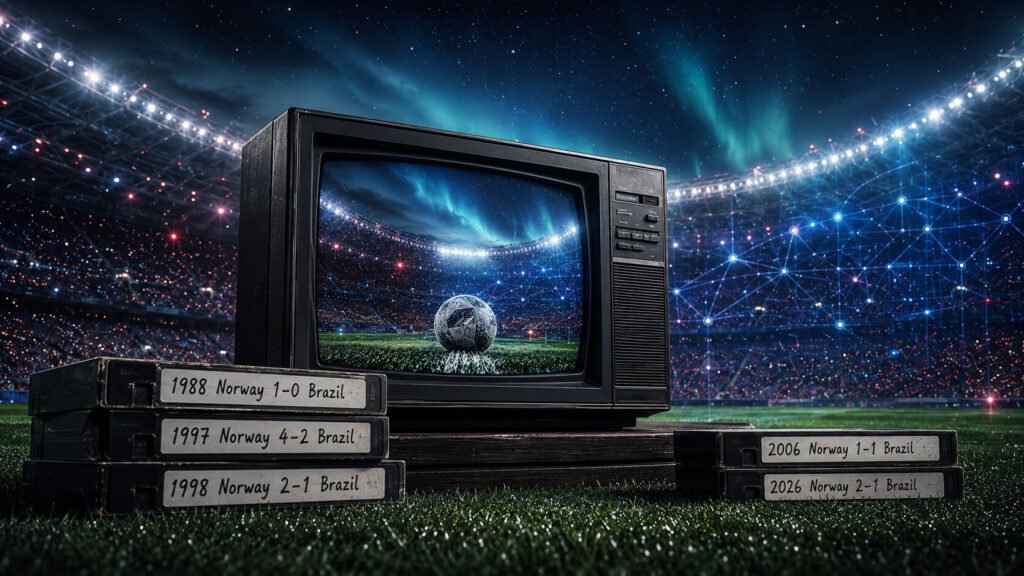 Et gammeldags TV-apparat som viser en flomlyst stadionbane og en fotball, står på gresset omgitt av stablede VHS-kassetter merket med historiske kampresultater mellom Norge og Brasil, med et lysende datanettverk synlig i stadionbakgrunnen.