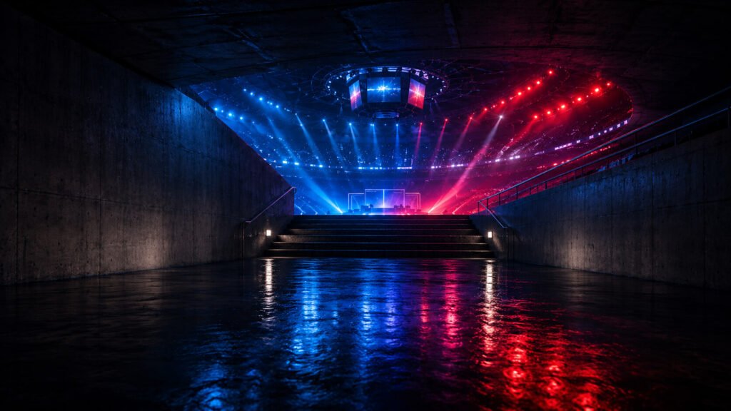 En betongtunnel på et stadion med et vått, reflekterende gulv fører opp en trapp mot en fotballbane, opplyst av dramatisk blått og rødt stadionlys som stråler ned ovenfra.