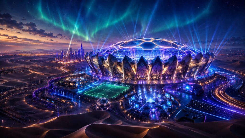 En luftfoto om natten av et futuristisk kuppelformet ørkenstadion som stråler lysstråler opp i en nordlysfylt himmel, omgitt av glødende gamingskjermer, en gigantisk fotballstatue og neonopplyste ørkendyner.