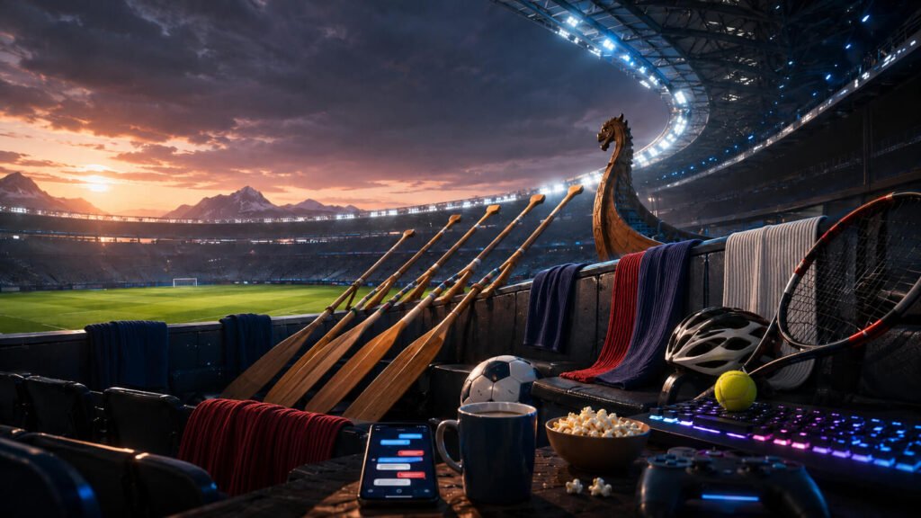 Stadiontribuner med utsikt over en fotballbane ved solnedgang, fylt med en blanding av sportsutstyr — årer, skjerf, sykkelhjelm, tennisracket, fotball, gaming-tastatur og -kontroller — sammen med baugen på et vikingskip med drageho­de, kaffe og popcorn.