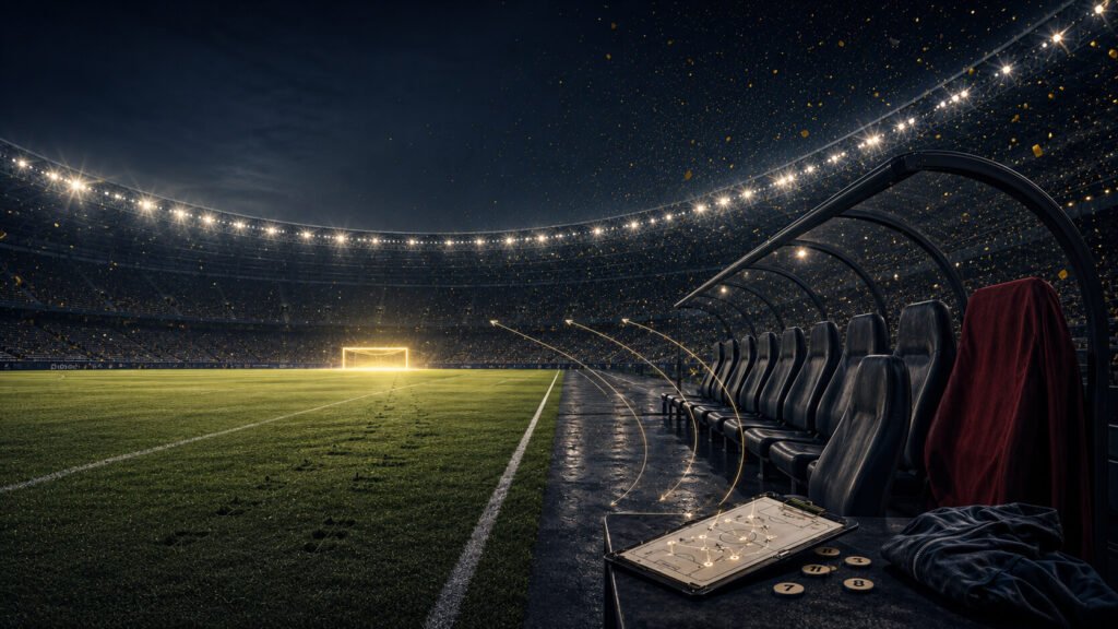 En tom spillerbenk med en taktikktavle og nummererte brikker har utsikt over en stadionbane om natten, med glødende pilspor som leder fra benken mot et sterkt opplyst mål og et fullsatt, konfettifylt publikum.